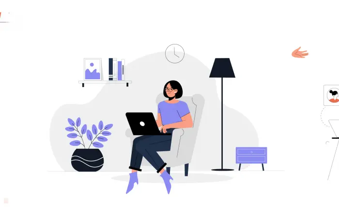 Work from Home Concept Woman at Sofa with Laptop Flat Style Illustration image